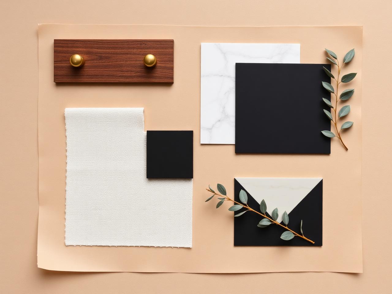 Material palette: walnut, brass, lacquer, linen, marble